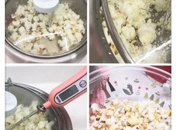 step2: 5.待玉米粒的溫度上升至130-140度（聽到很多的爆發聲）後轉2號火
6.直至再沒有聽到爆發的聲音則代表完成
7.將爆谷倒入另一容器內
8.加入焦糖醬攪勻
9.待焦糖醬冷卻後就成了焦糖爆谷