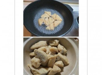 step4: 油豆腐川燙去油蒿味斜角對切備用