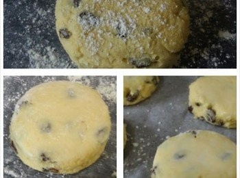 step3: 在抬上及麵團上灑上低筋粉，用擀麵棍捍開成厚度為約2.5cm的麵皮。用圓形模具或水抔壓出圓餅，剩餘的麵團可集合捏壓成團再桿開壓模。