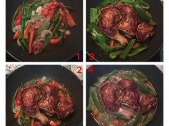 step5: 放入水和月桂葉大火煮滾,試味道後調整，放上雞腿並將青椒放在週圍，蓋鍋蓋小火悶煮15分鐘後即可將料撈出來擺盤。