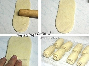 step8: 將靜置好的麵糰捲再次擀開成長條狀
從一端開始捲起來，收口朝下再靜置 10分鐘