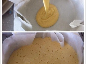 step5: 烘焙摸6吋鋪上烘焙紙，把麵糊倒入。