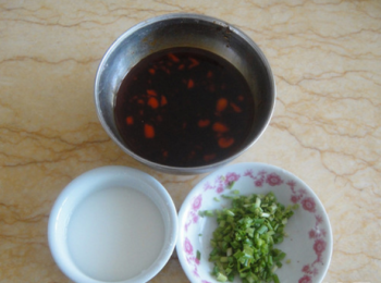 step2: 準備水澱粉，蔥花，用生抽，老抽，油辣子調勻。