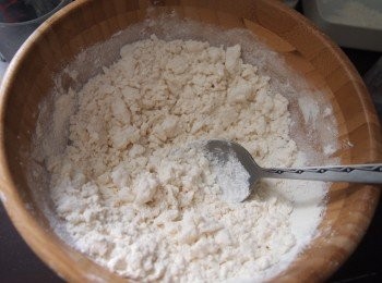 step2: 麵粉、1/4茶匙鹽放大碗中，均勻倒入100毫升滾水，用筷子快速拌成小塊