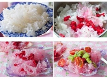 step2: 將銀耳用滾水川燙約1分鐘後取出待涼(或放入冰塊快速冰鎮)，再將甜菜丁與銀耳均勻和一下，讓甜菜的天然顏色把銀耳染成鮮紅色，再放入其他水果丁