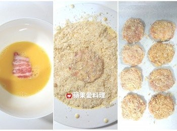 step5: 依序沾麵粉、蛋液、麵包粉；用湯匙將邊邊壓緊；用手輕壓，稍微整成扁圓形；放在鋪好烘焙紙的烤盤上。