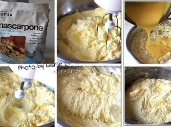step5: 材料《B》馬斯卡朋乳酪：

將已經完全回溫軟化的馬斯卡朋乳酪放在工作鋼盆中
用電動打蛋器以低速仔細地將乳酪打成乳霜狀
再將《A》的蛋黃醬慢慢地分次倒進乳酪中拌勻。

※避免用高速攪打乳酪，容易產生油水分離的狀況就影響口感了。