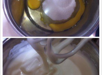 講蛋和白砂糖加入大碗中，用電動打蛋器打發至如圖一樣，蛋糊掉下不會這麼快下沉即可。